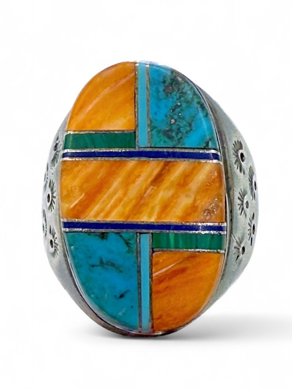 Vintage Zuni Inlay Ring Turquoise Multi Stone Silver Native American Men’s 11
